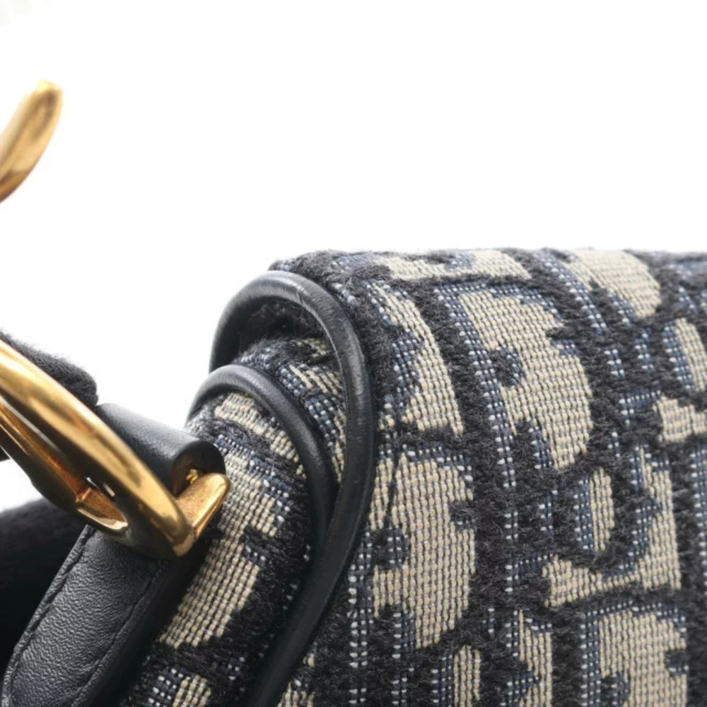 Dior Handbag Leather Navy Blue Bag Canvas Jacquard Ivory White Saddle Oblique - Picture 9 of 9